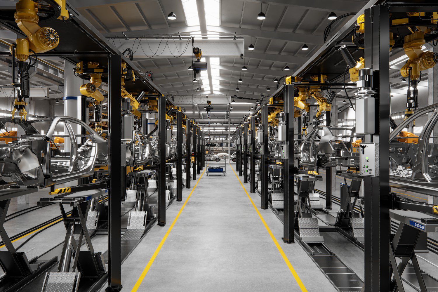 Car factory assembly line with robotic arms.