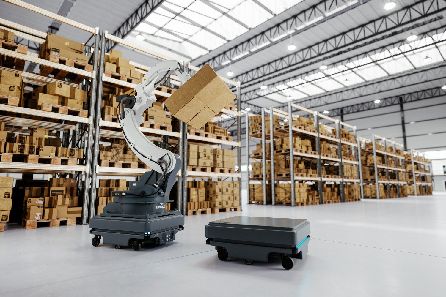 Robotic arm stacking boxes in warehouse.