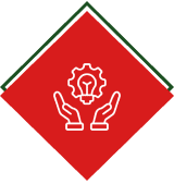 Hands holding lightbulb inside red diamond.