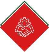 Handshake and gear icon on red diamond.